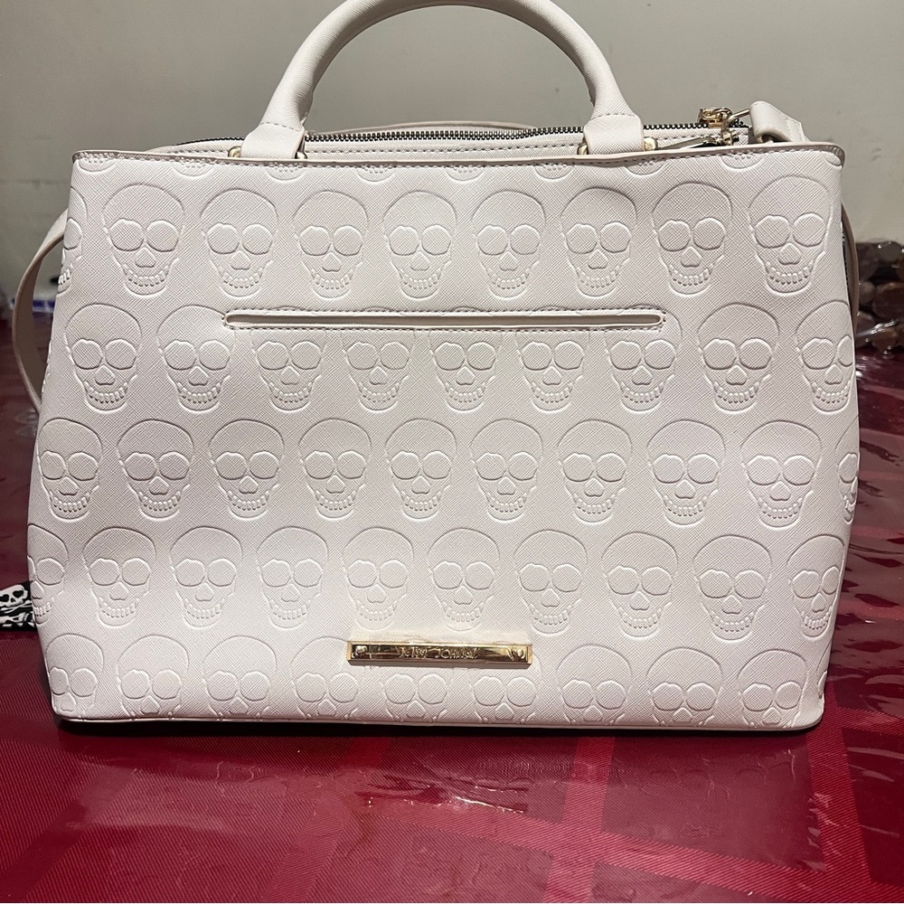 Betsey Johnson White Embossed Skull Top-Handle Satchel